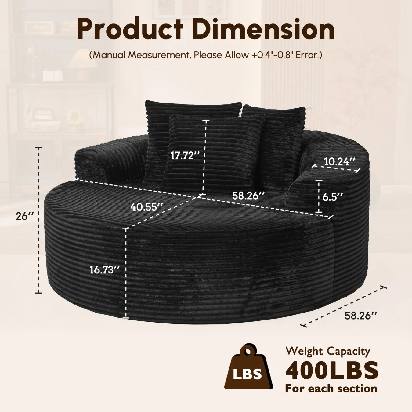 59" O-Shape Modular Couch, Plush Corduroy Fabric, No Assembly Required