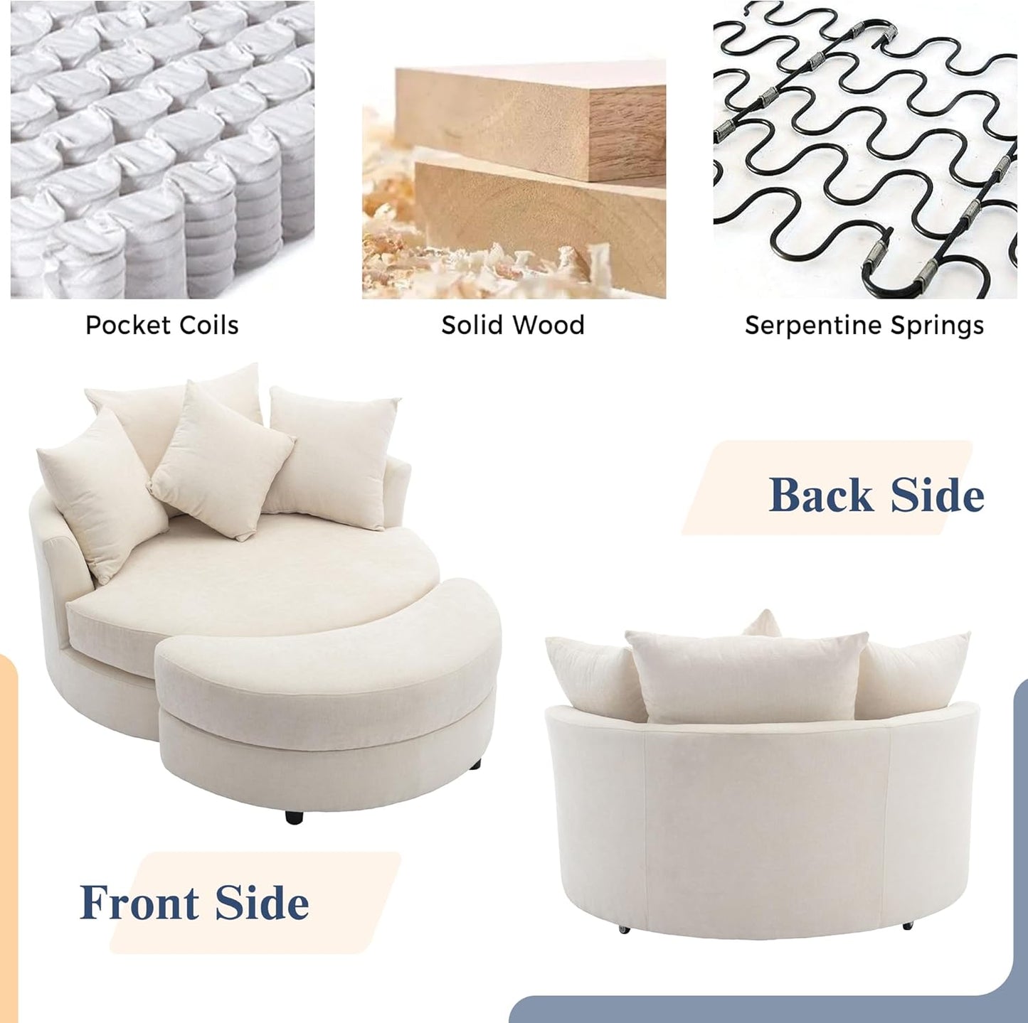 Swivel Book Nook Chair with Storage Ottoman and 4 Movable Pillow Backrest