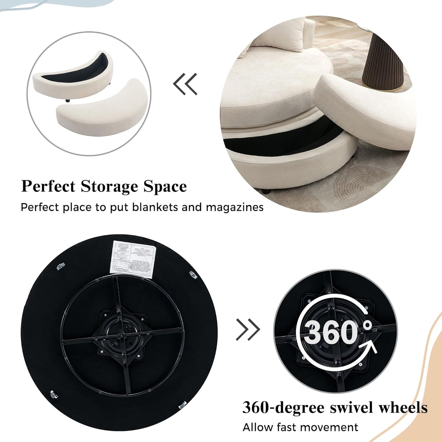 Swivel Book Nook Chair with Storage Ottoman and 4 Movable Pillow Backrest