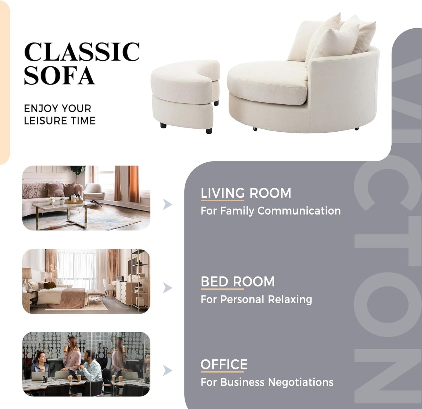 Swivel Book Nook Chair with Storage Ottoman and 4 Movable Pillow Backrest