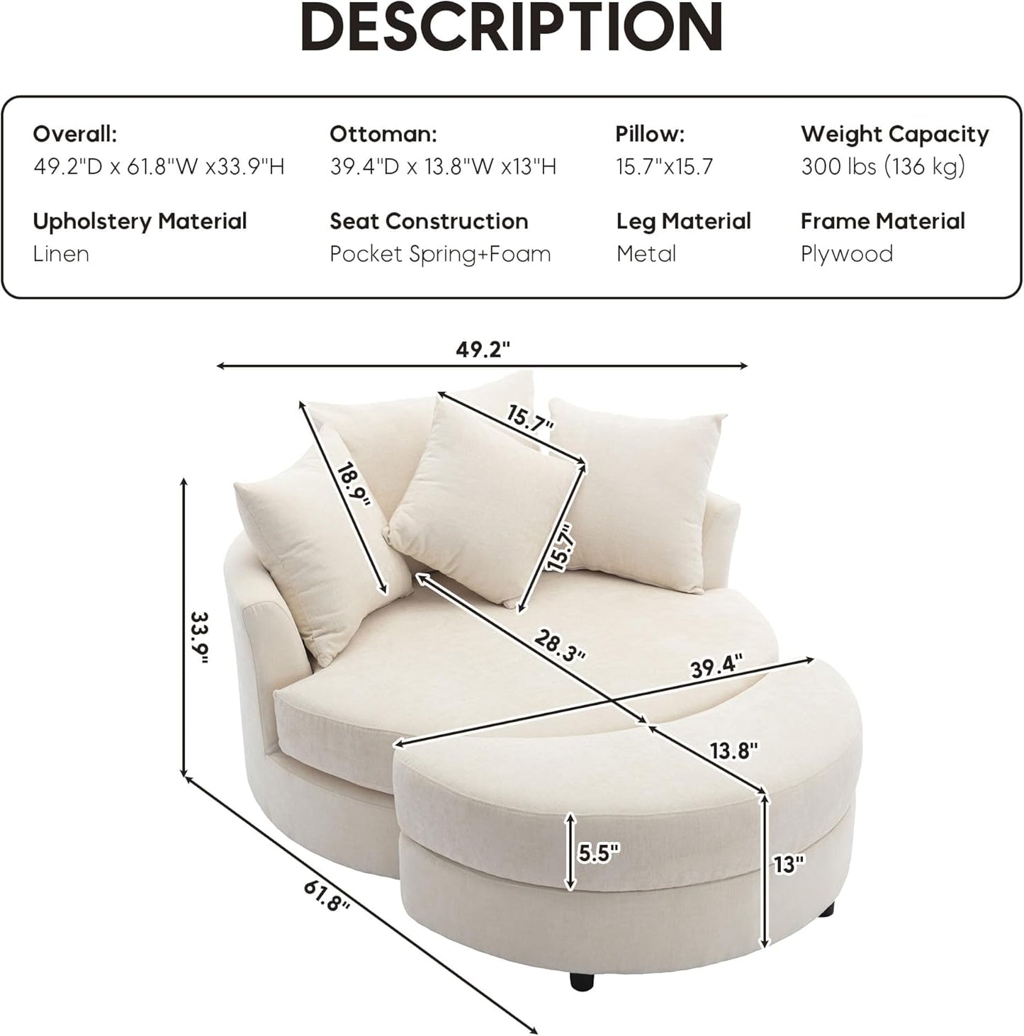 Swivel Book Nook Chair with Storage Ottoman and 4 Movable Pillow Backrest