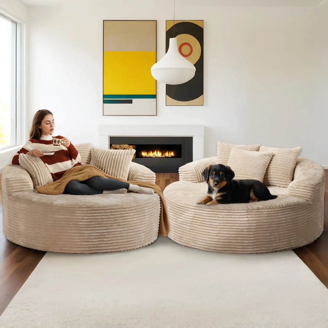 59" O-Shape Modular Couch, Plush Corduroy Fabric, No Assembly Required