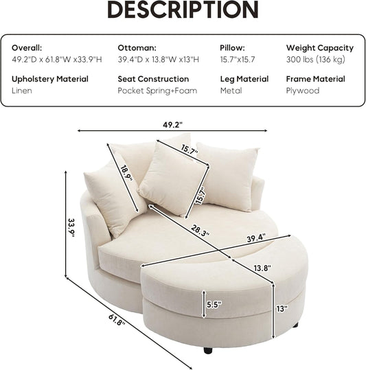 Swivel Book Nook Chair with Storage Ottoman and 4 Movable Pillow Backrest