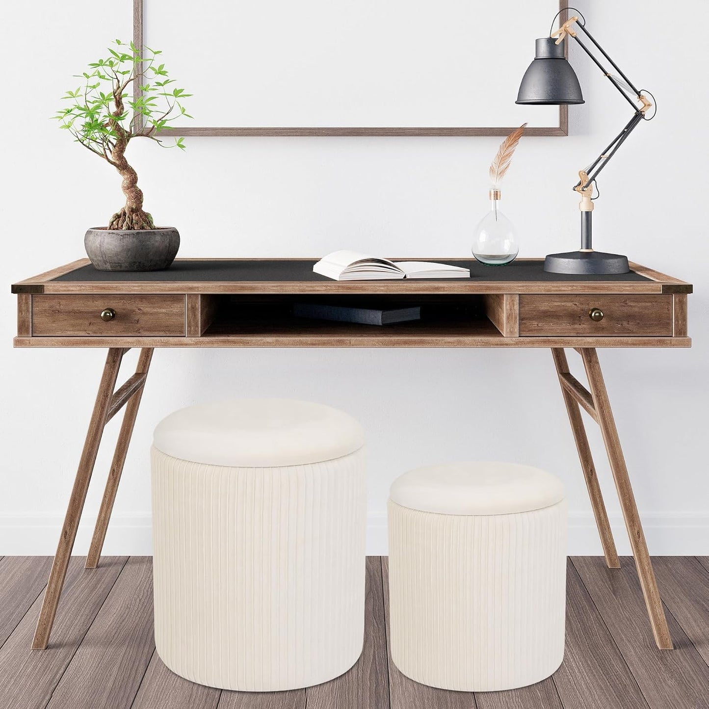 Storage Set of 2 Multifunctional Upholstered Velvet Makeup Vanity Stool Chair